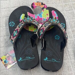 Montana West Kids Flip Flops with Beaded Straps - Black and Turquoise